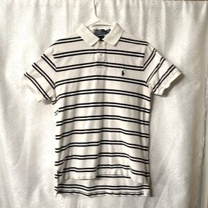 Polo, Ralph Lauren, vertical brown, striped, logo left the pale brown polo